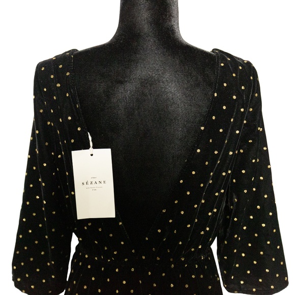 SEZANE Adelma Midi Dress in Black Velvet with Glitter Polka Dots - Size 6 - Picture 8 of 16